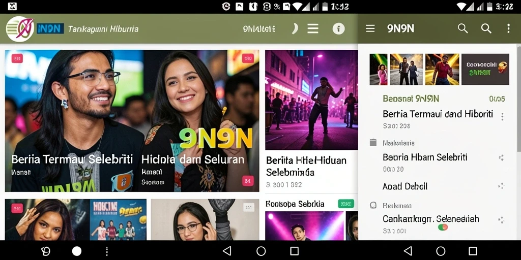 Antarmuka aplikasi 9N9N menampilkan berita hiburan selebriti yang menarik.